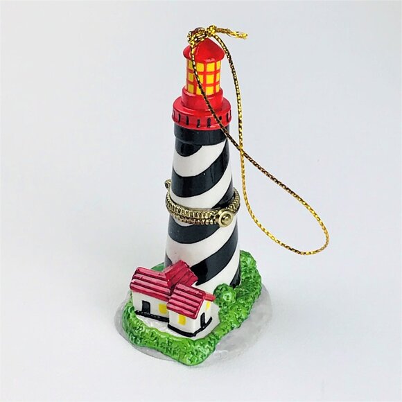 Black White Red Lighthouse Porcelain Hinged Trinket Box Christmas Ornament - Picture 3 of 4